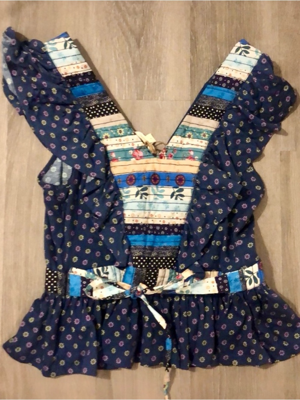 Anthropologie Blue Patchwork Ruffle V-Neck Top, Great Condition Size M